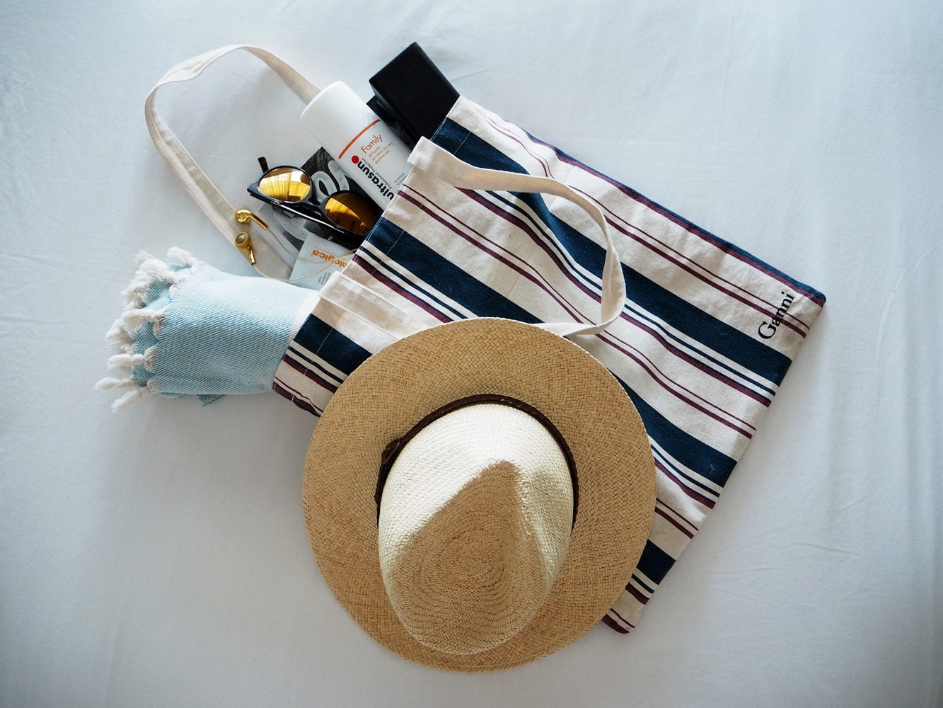 StyleAndMinimalism | Travel | Antigua | Ganni bag, panama, hammam towel, Kite sunglasses, Ultrasun sunscreen, Dermalogica face suncream, Happy Plugs earphones & Remix magazine