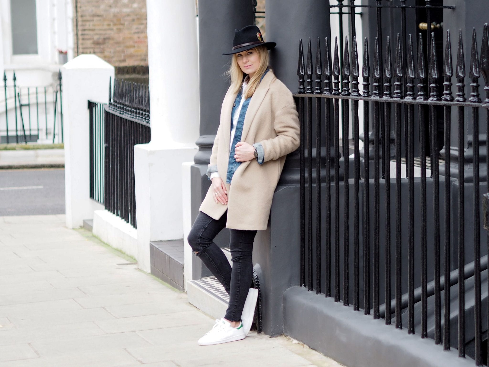 Style&Minimalism | It's Personal | Wearing Finders Keepers White Shirt, Wåven Denim Jacket, Camel Coat, Black Skinny Jeans, Black Fedora & Stan Smith Trainers
