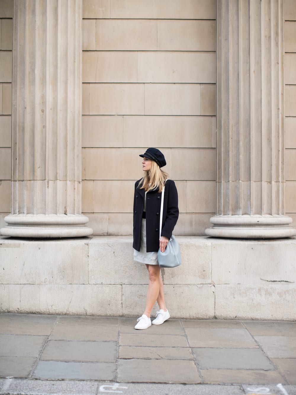 Style&Minimalism | It's Personal | Armor Lux Pea Coat, Bon Label Sweater Dress, Common Projects & Baia Bucket Bag