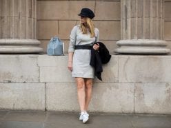 Style&Minimalism | It's Personal | Armor Lux Pea Coat, Bon Label Grey Sweatshirt Dress, Common Projects & Baia Bucket Bag