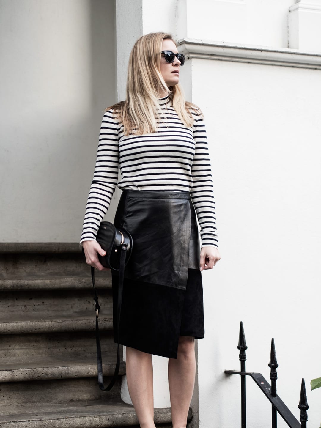 Spring In Stripes | Samsøe & Samsøe Sanella Stripe Sweater, ME+EM Leather Wrap Skirt, Air & Grace Leopard Print Trainers & A.P.C. Bag