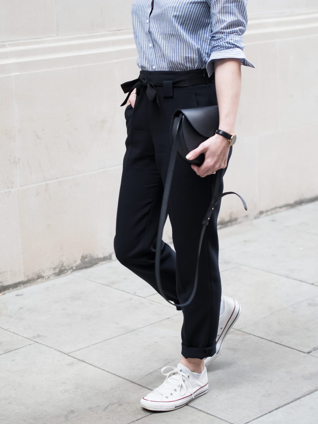The Frill of It | Second Female Blue Frilled Blouse, Topshop MA-1 Navy Bomber Jacket, ME+EM Navy Trousers, Converse Chuck Taylors & PB 0110 Shoulder Bag
