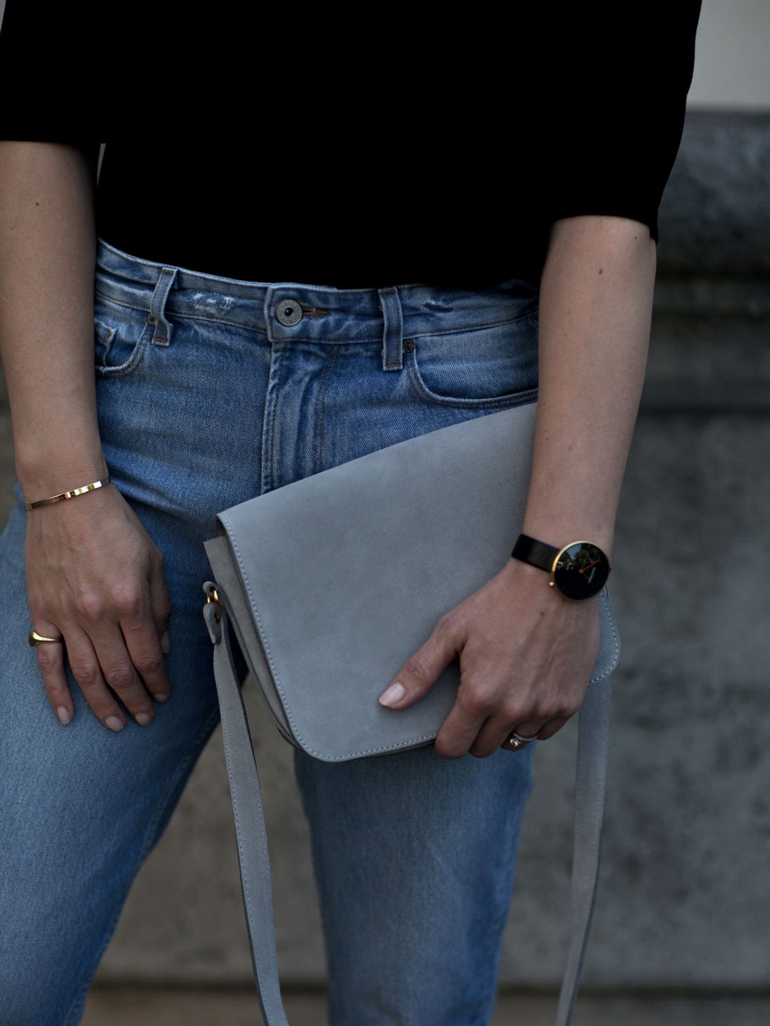 Baukjen Medina Off-The-Shoulder Top, Paige Jeans, The White Company Leather Sandals & Baia Grey Suede Shoulder Bag