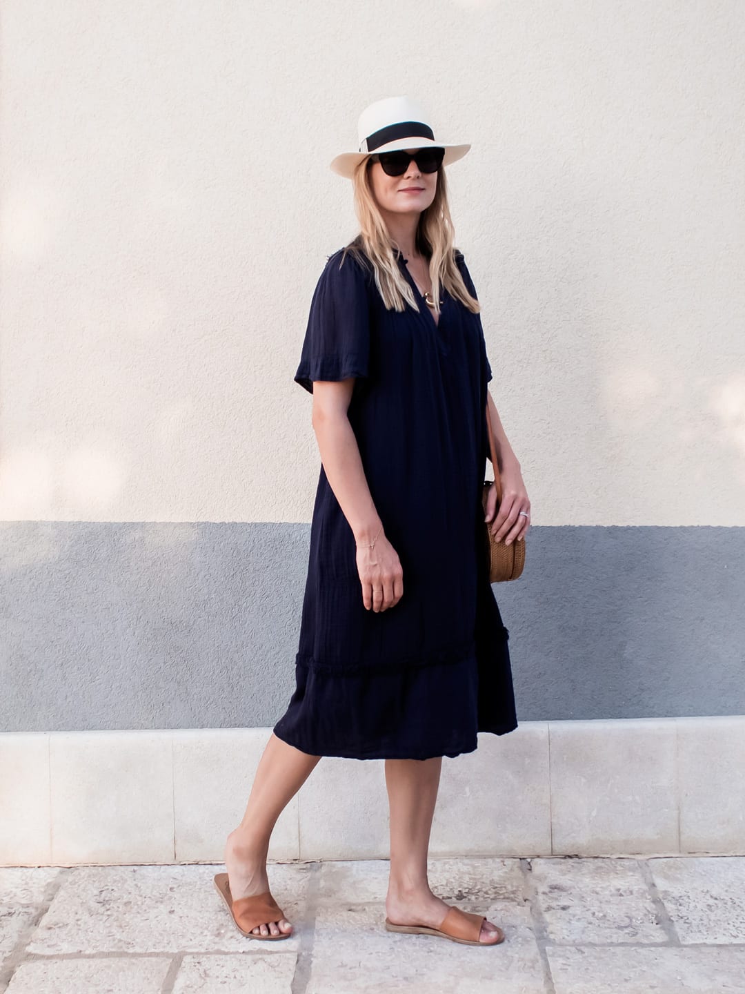 Out-Of-Office | Raquel Allegra Peasant Dress, Davina Mulford Panama, Ancient Greek Sandals, Wood/Grey Woven Bag