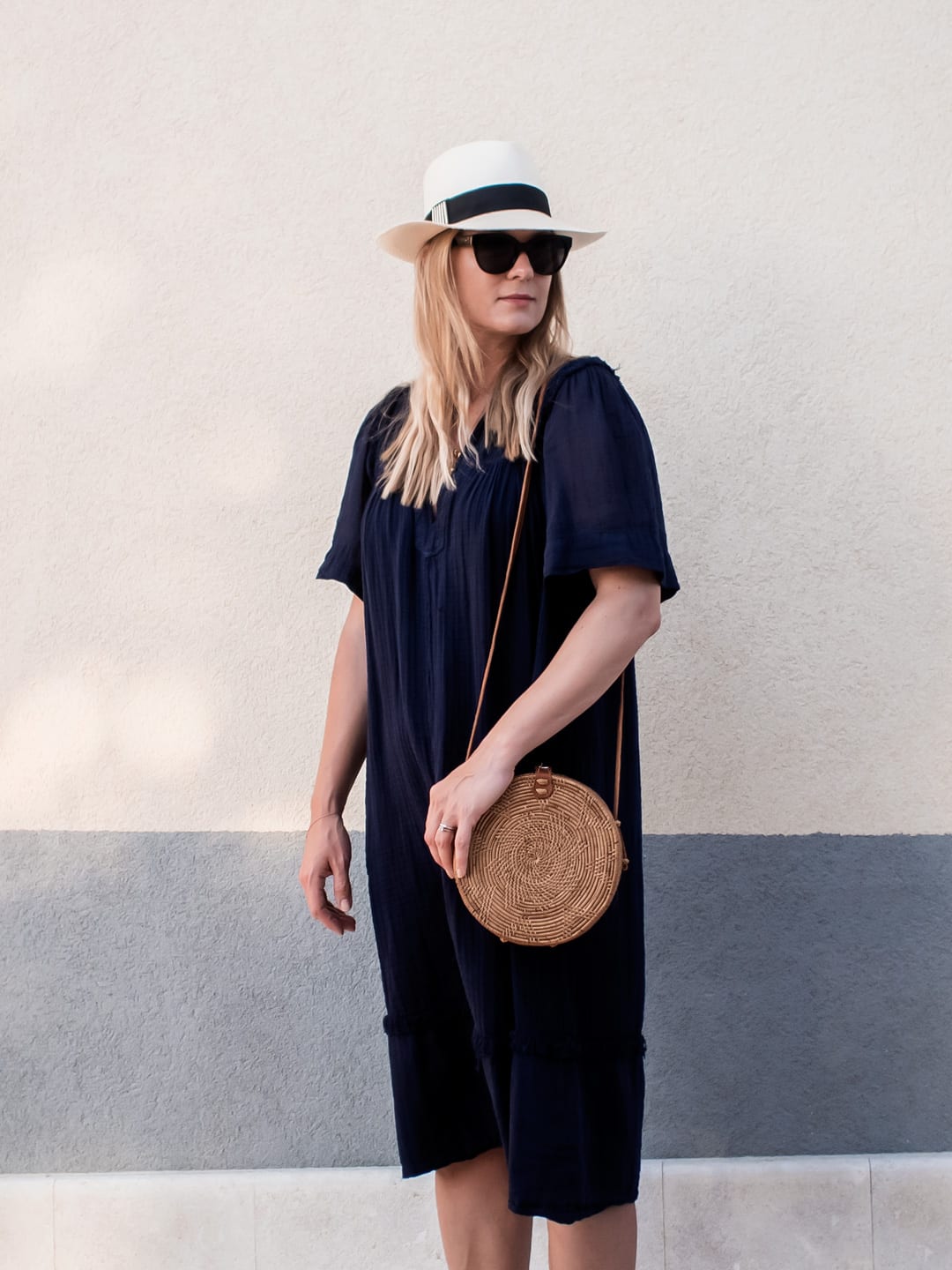 Out-Of-Office | Raquel Allegra Peasant Dress, Davina Mulford Panama, Ancient Greek Sandals, Wood/Grey Woven Bag
